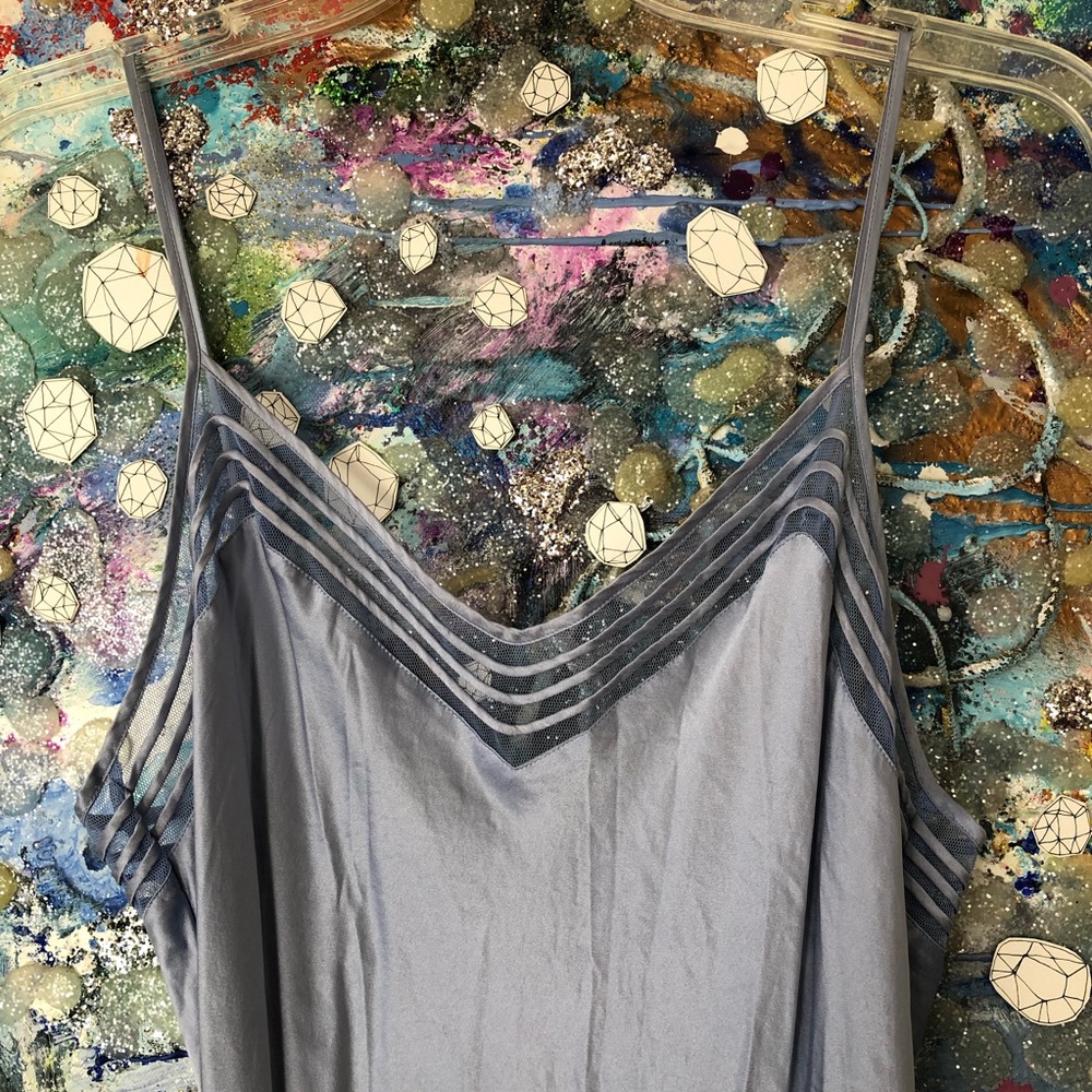 100% Silk V-Neck Bias Cut Long Dress/Nightgown in Silver Ice Blue w Mesh Detail